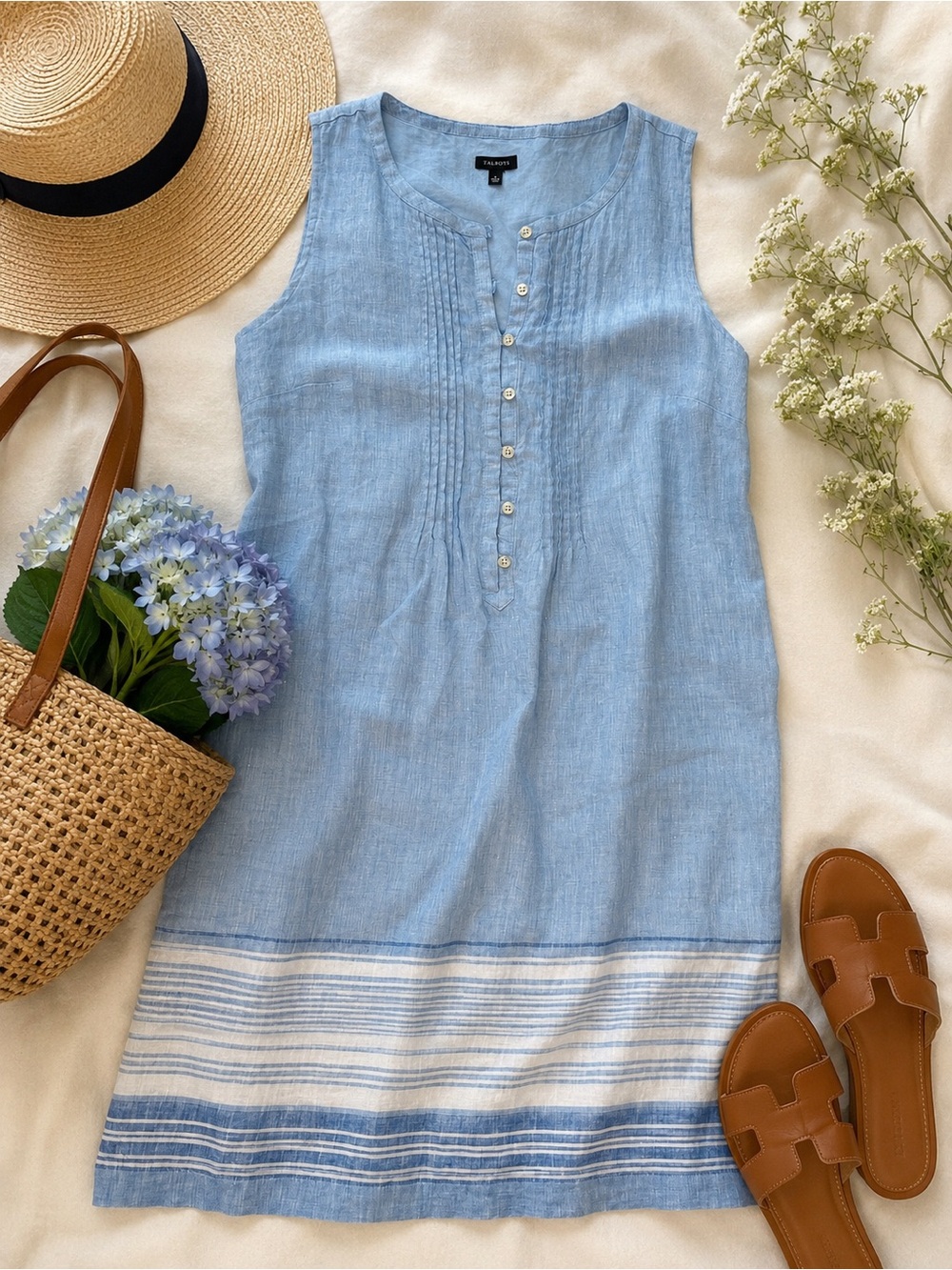 Talbots 100% Linen Sleeveless Shift Dress Blue White Stripe Hem Size 6